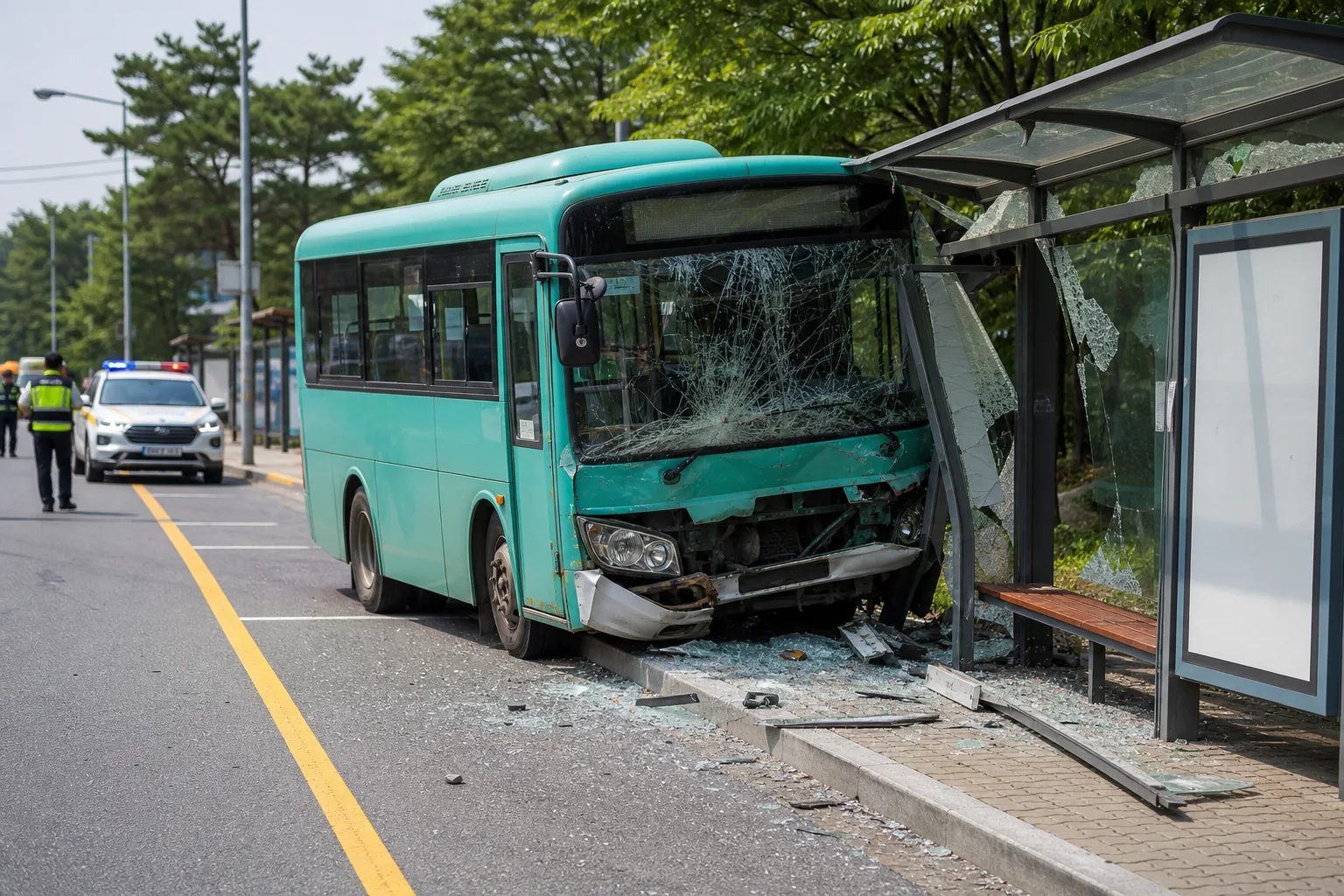 도로 옆 버스 정류장 주변을 통제하는 경찰과 구조대