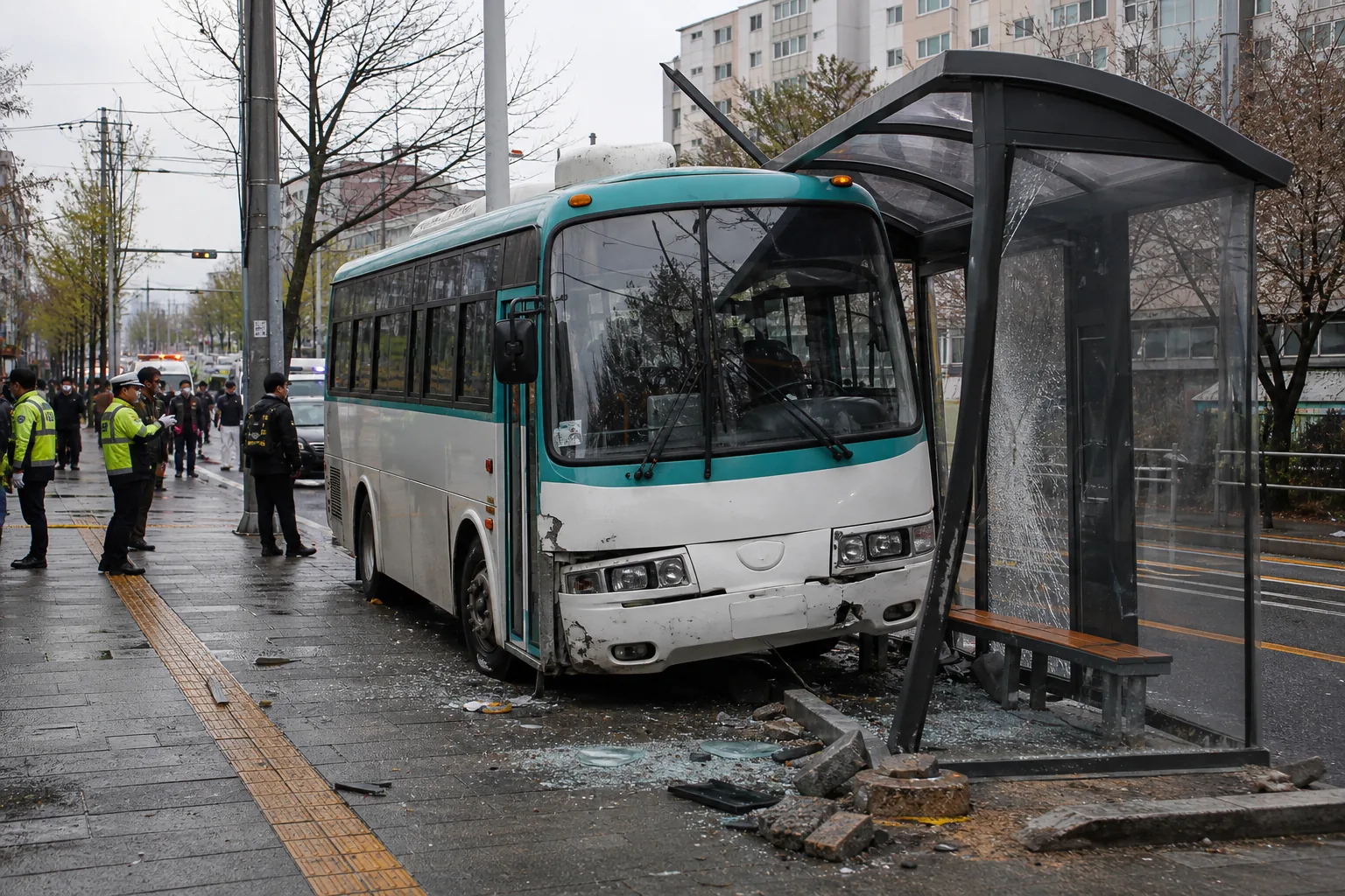 도심 도로에서 버스 운행 안전 점검을 하는 모습