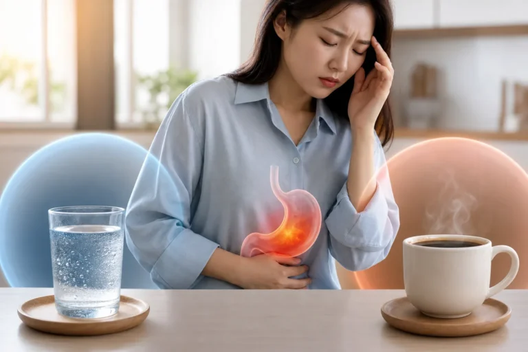 아침 물과 커피를 놓고 건강한 선택을 고민하는 이미지