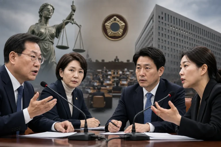 국회와 방송 토론 무대를 표현한 정치 뉴스 이미지
