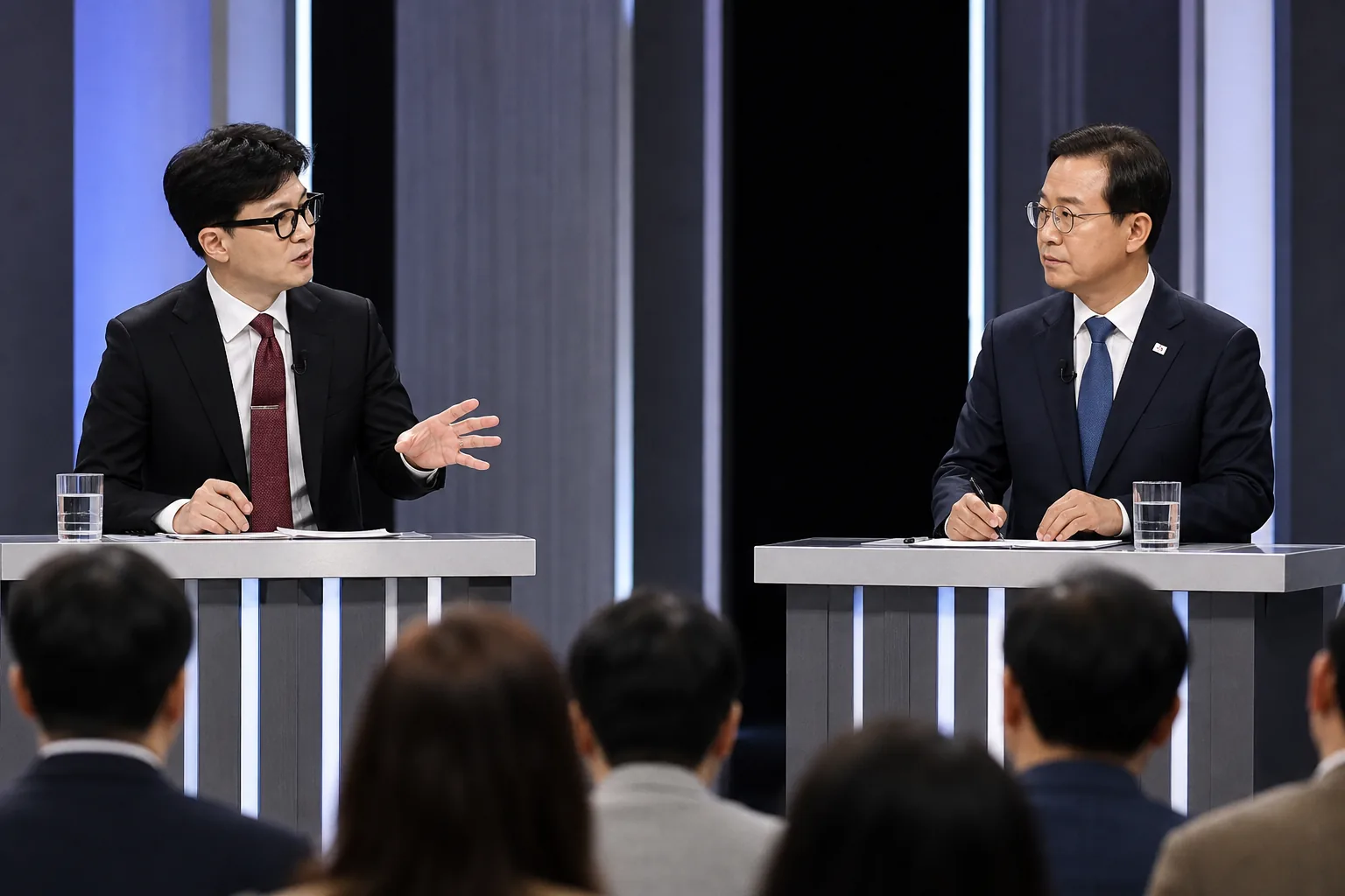 방송 토론 무대에서 정치인이 마주 앉은 이미지