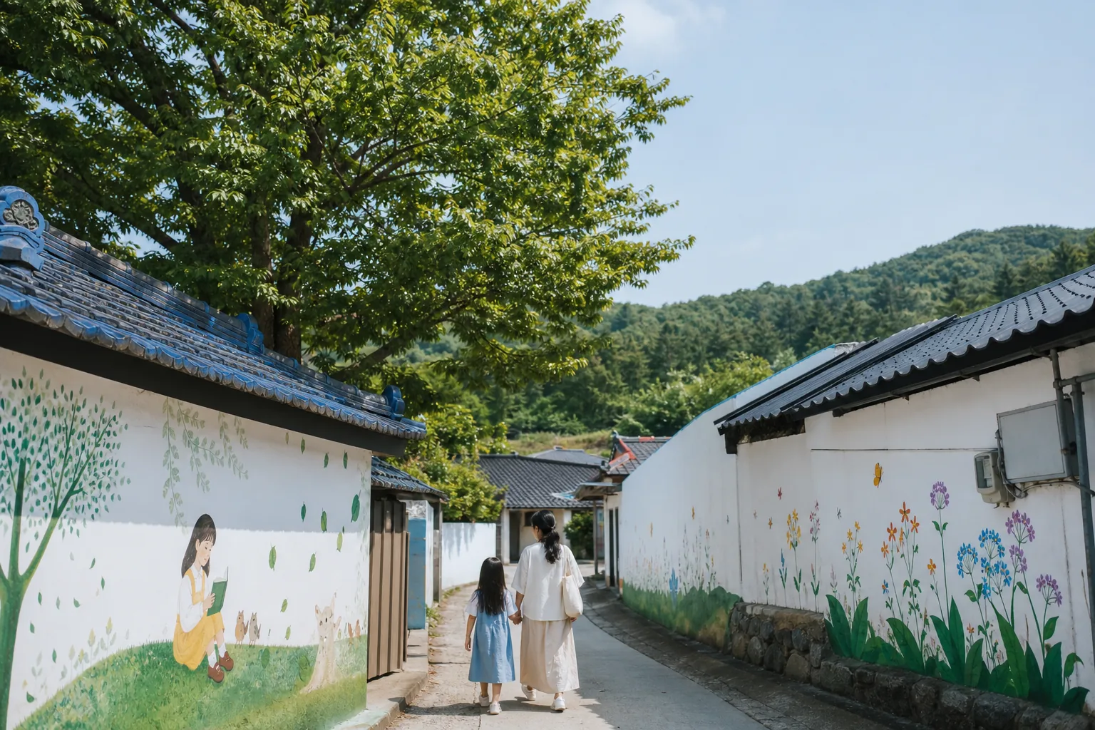 그림책 벽화가 있는 농촌 마을길을 걷는 여행자 AI 이미지