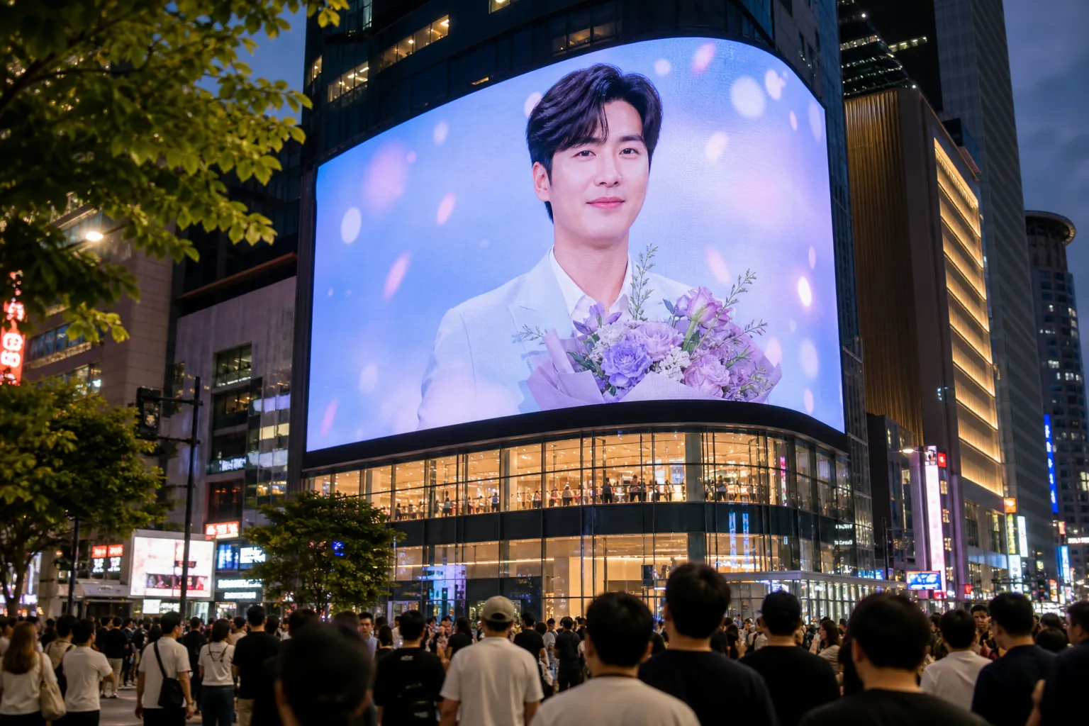 도심 전광판에 송출되는 트로트 가수 생일 축하 영상