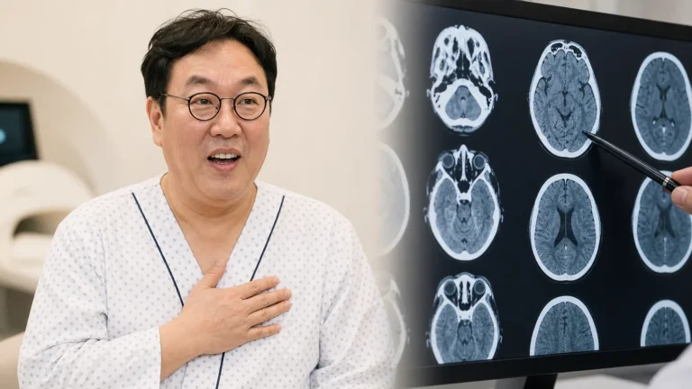 방송인이 병원 건강검진 결과를 확인하는 모습을 표현한 이미지