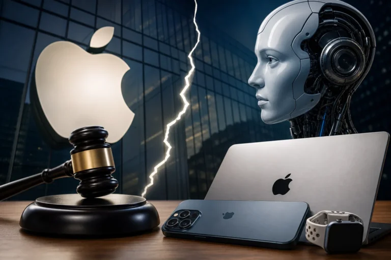 애플과 OpenAI 소송이 AI 하드웨어 시장에 미치는 영향을 상징하는 이미지