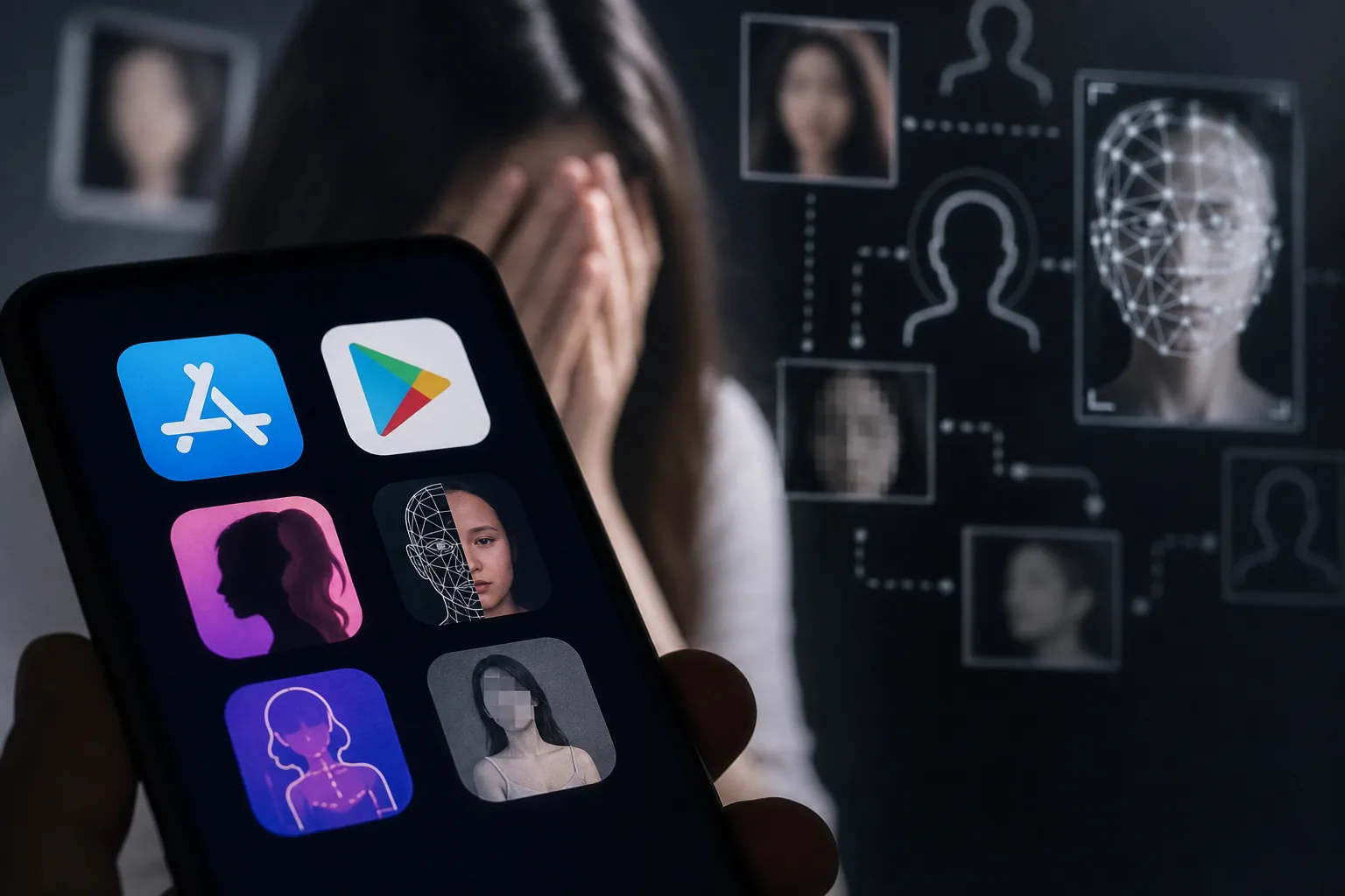 비동의 딥페이크 이미지 피해와 플랫폼 책임 논쟁을 보여주는 AI 이미지