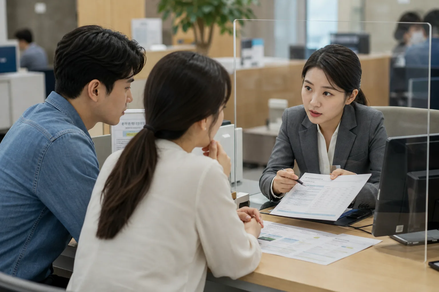 은행 대출 상담 창구에서 주택담보대출 서류를 확인하는 모습