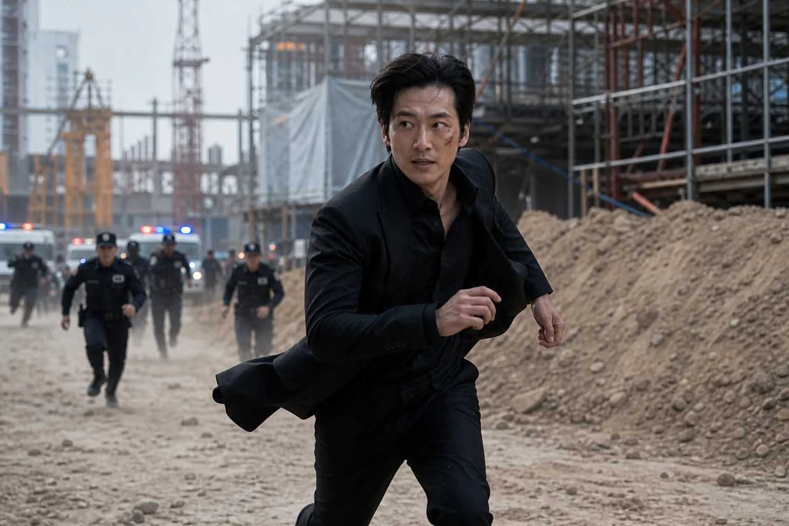 공사장 구조물 사이를 달리는 드라마 액션 장면
