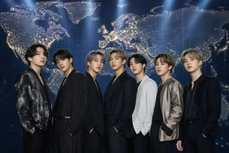 BTS 아리랑 영국 차트 성과를 상징하는 글로벌 음악 무대 이미지