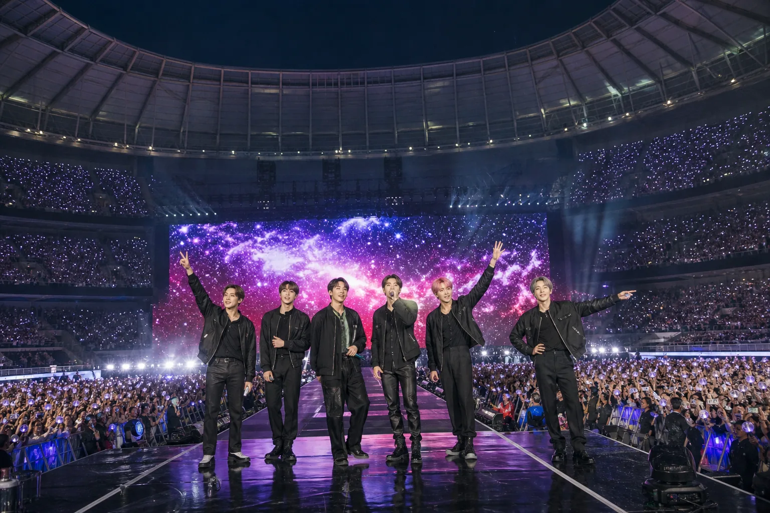 영국 음악 차트 순위표와 콘서트 조명이 어우러진 K팝 앨범 성과 이미지
