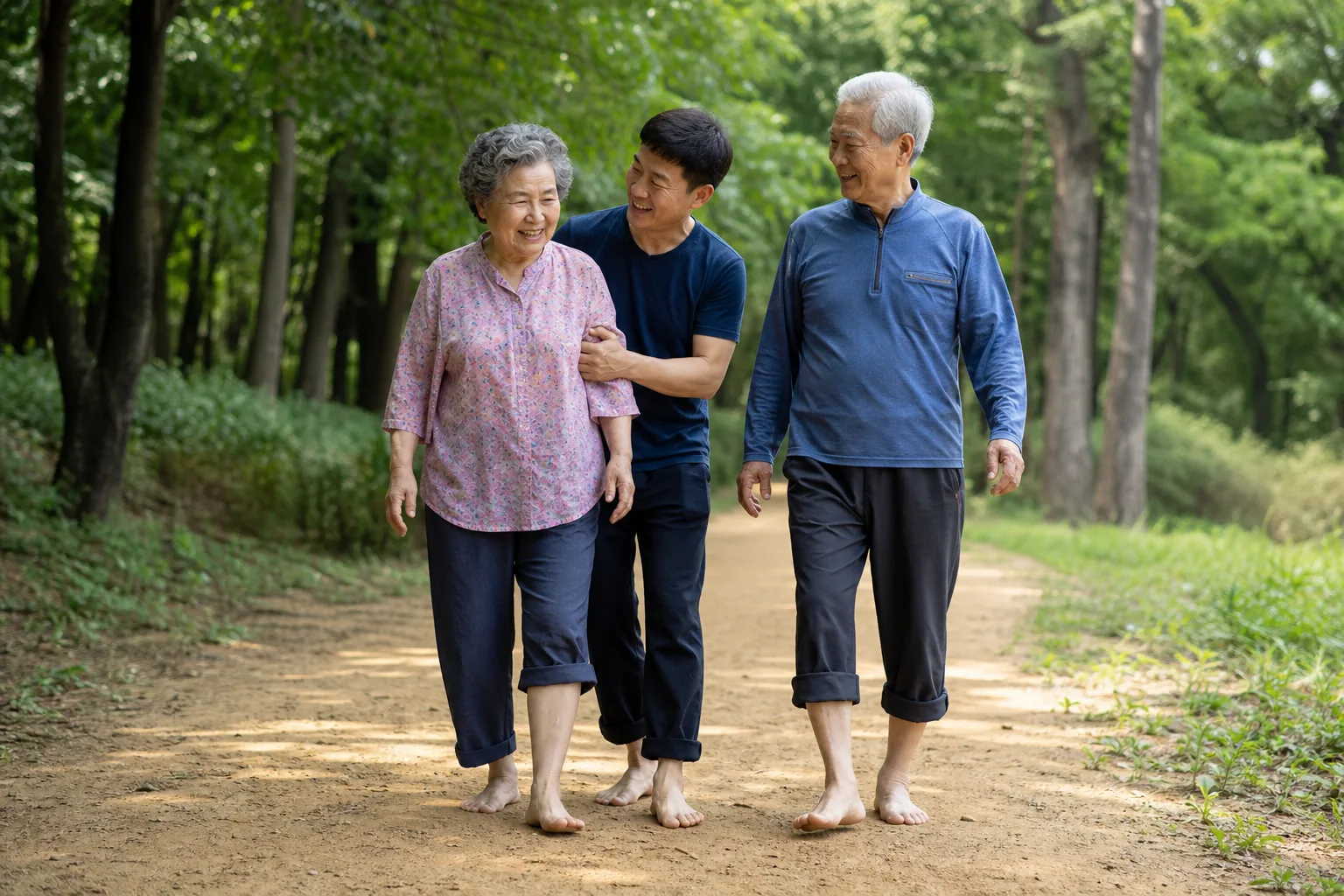 숲길에서 보호자와 함께 맨발 걷기를 하는 고령층 이미지