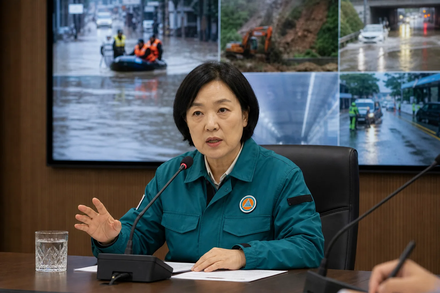 호우 피해 현장에서 복구 작업을 진행하는 인력과 장비 이미지
