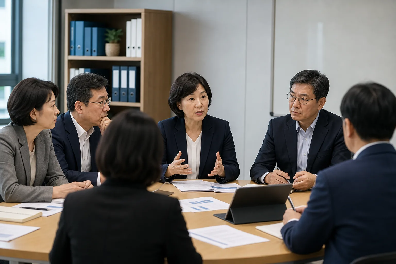 교육 정책 회의와 학교 구성원 협의를 상징하는 이미지