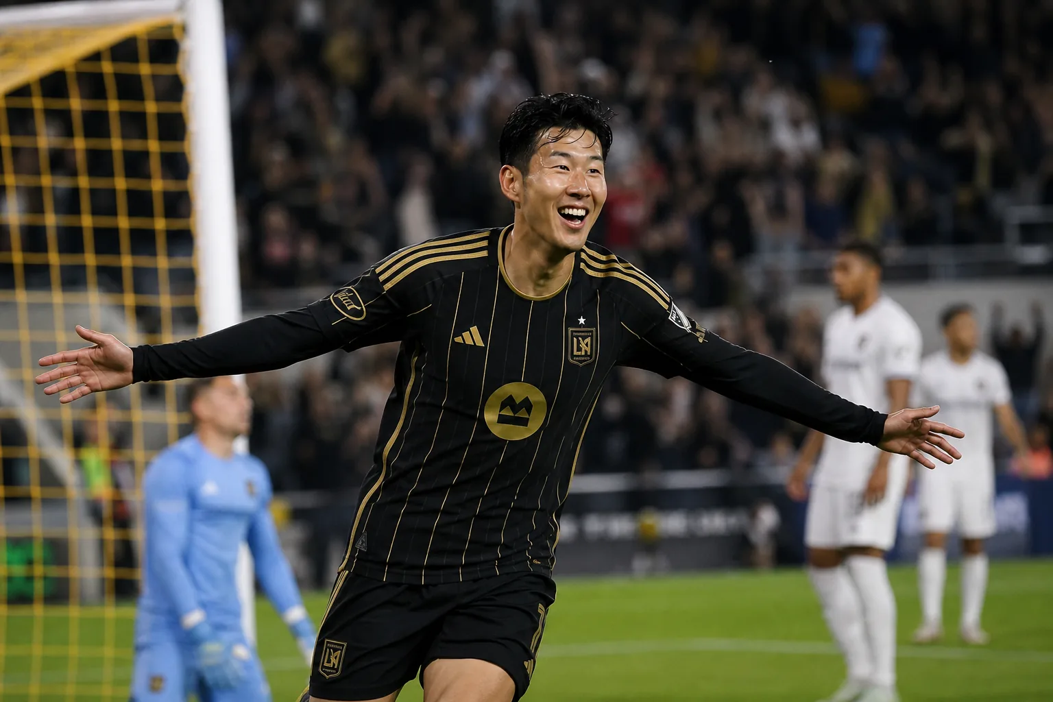 LAFC 공격수가 낮은 오른발 슈팅으로 득점하는 장면