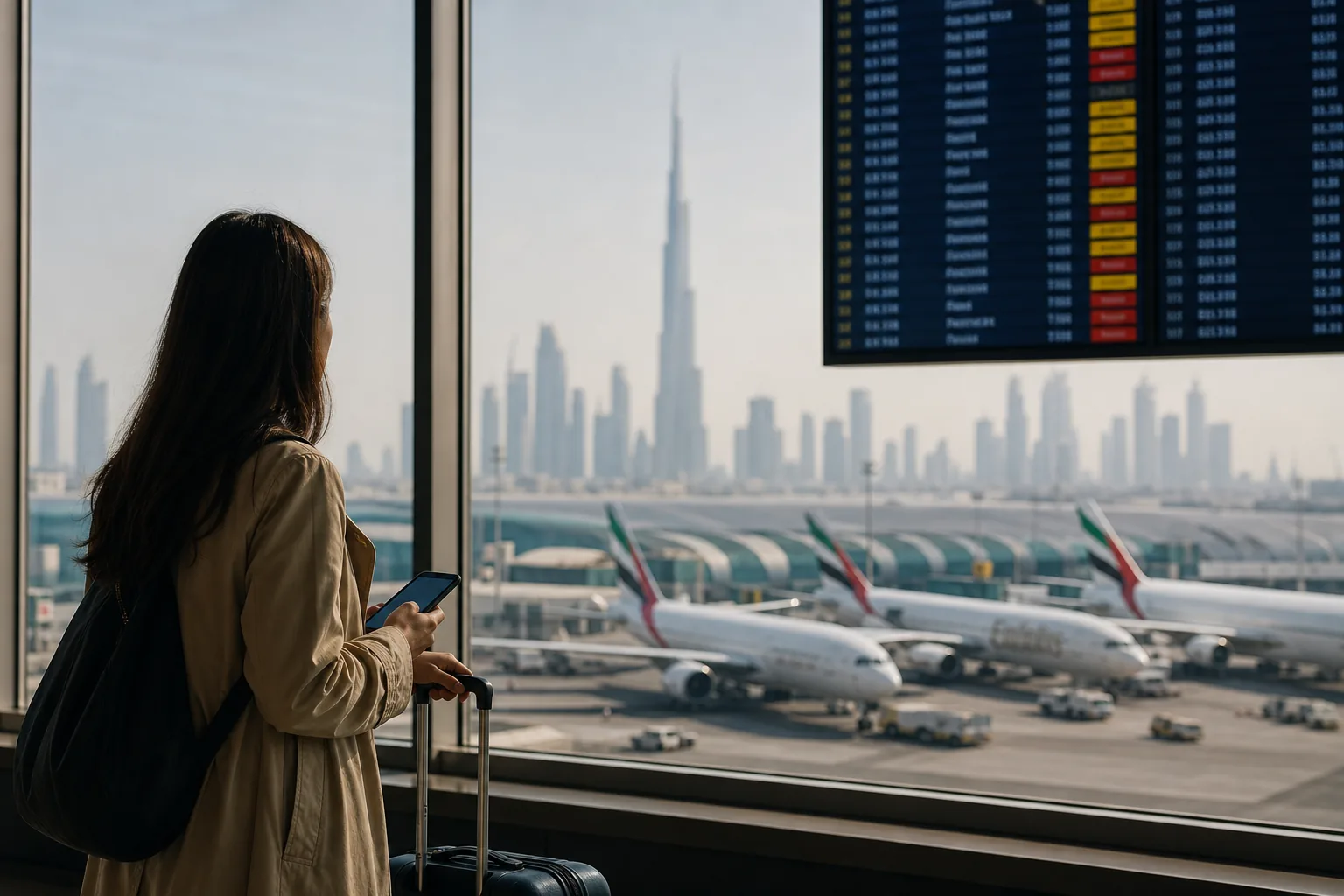 공항 전광판과 여행 경보 확인 장면 이미지