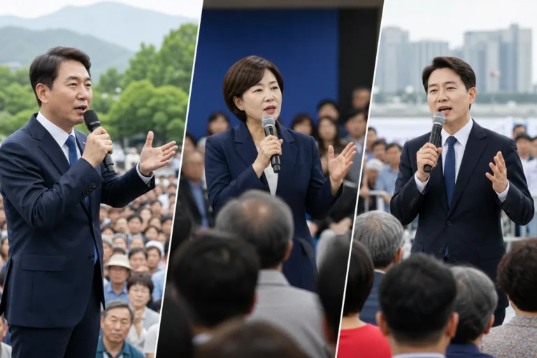 더불어민주당 전당대회 당권 경쟁과 전국 순회 득표전을 보여주는 이미지