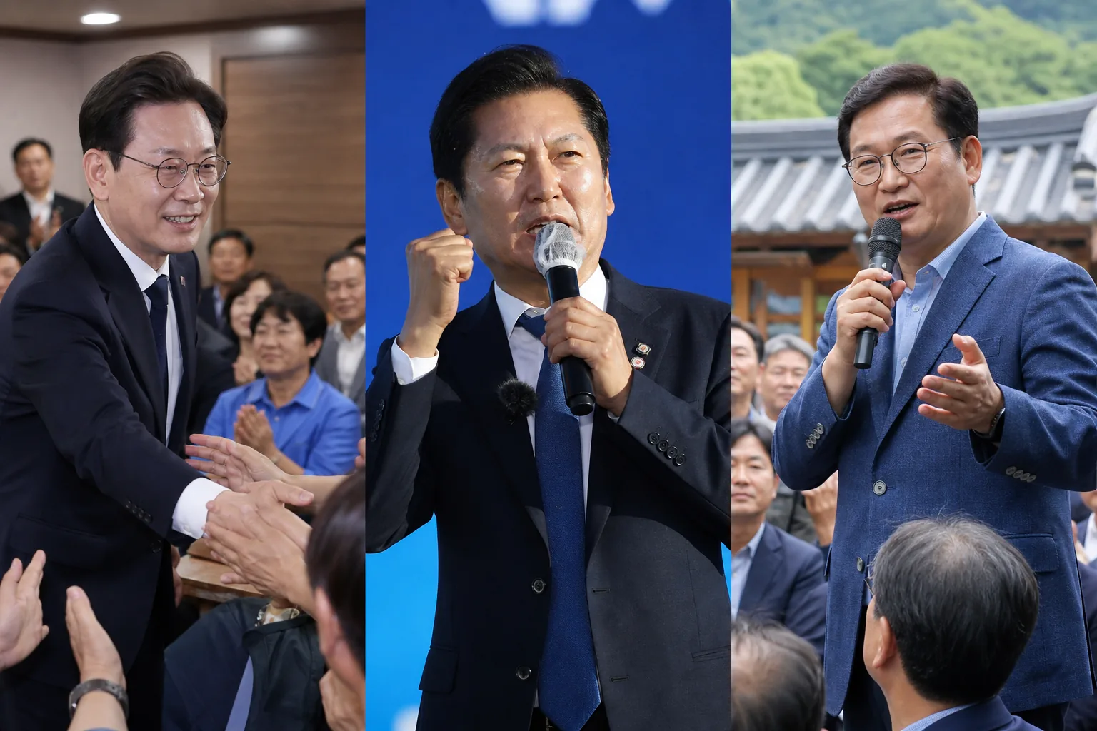 정당 전당대회 후보들이 지역 당원들과 만나는 장면을 표현한 이미지