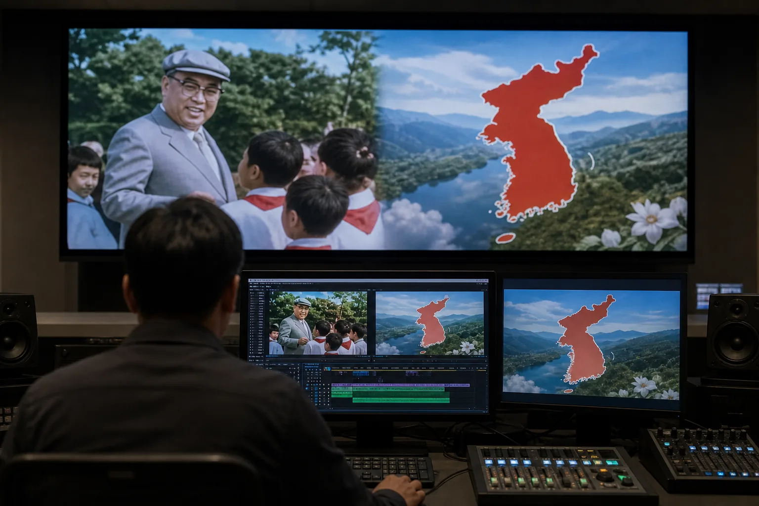 한반도 지도가 표시된 북한 기록영상 편집 장면