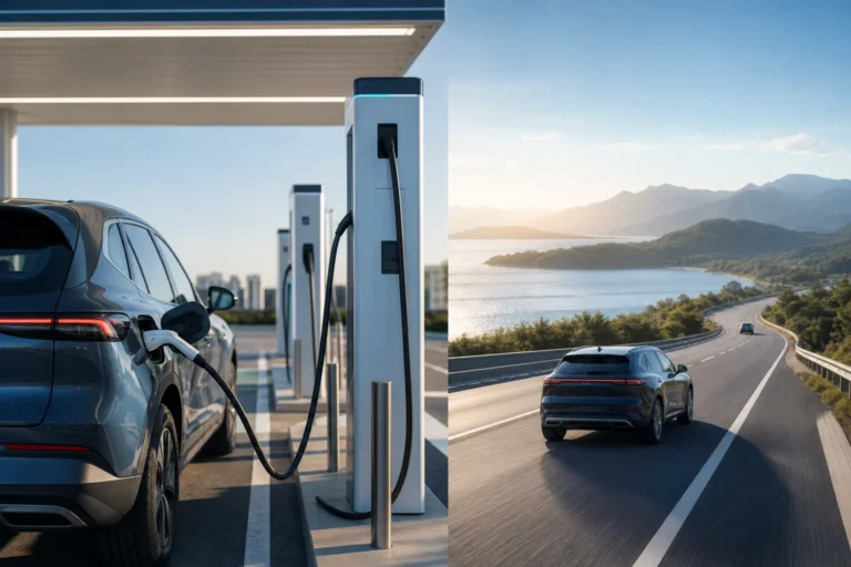 전기차 급속충전 인프라 개선을 보여주는 고속도로 충전소 이미지
