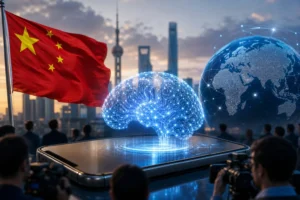 중국 오픈소스 AI 키미 모델과 글로벌 AI 경쟁을 상징하는 데이터센터 이미지