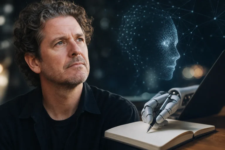 OpenAI와 작가 데이브 에거스의 생성형 AI 글쓰기 논쟁을 상징하는 이미지