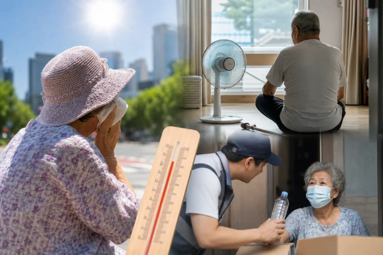 폭염 속 취약계층 보호와 도시 건강 대책을 표현한 이미지