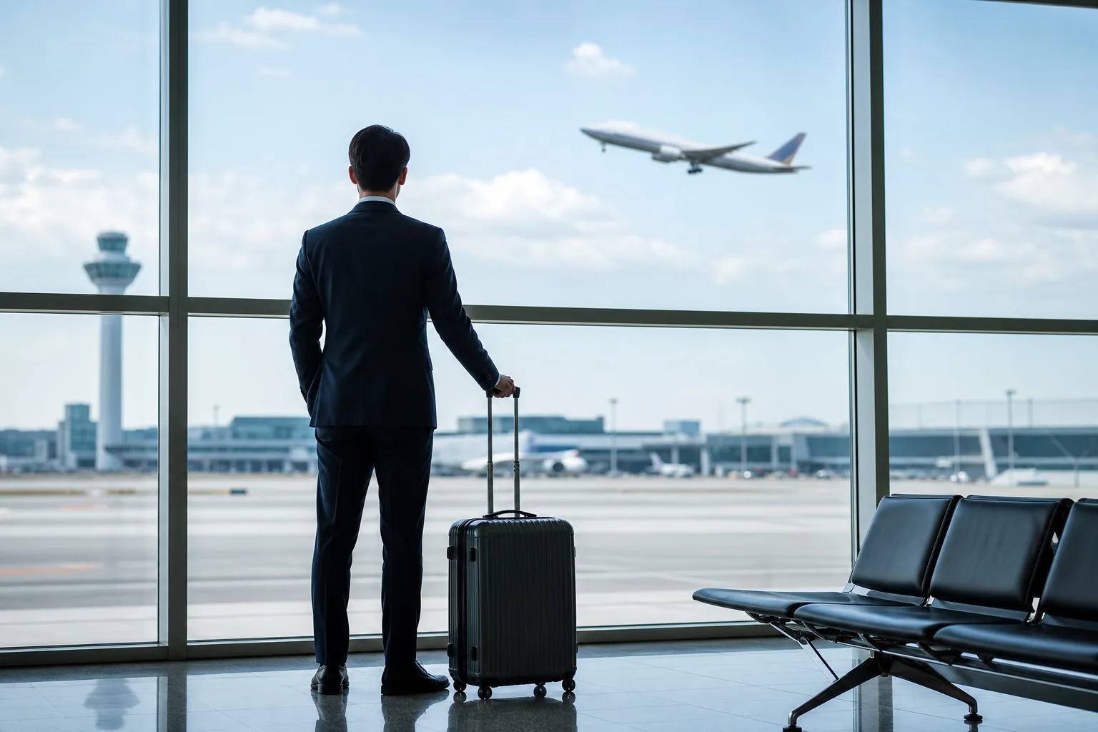 공항 출국장과 사무실 근무표가 겹쳐 보이는 이미지
