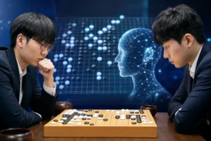 바둑 AI 대국과 초반 정석 싸움을 표현한 스포츠 뉴스 이미지