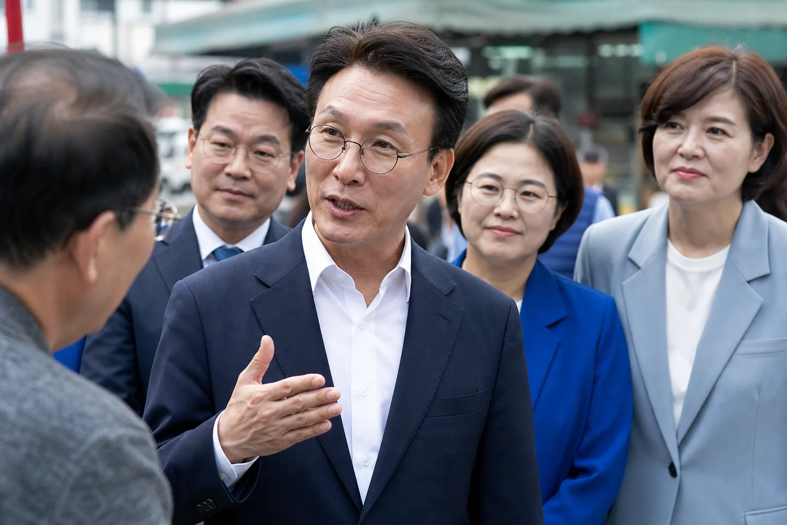지역 의회 방문에서 발언하는 정당 대표 후보