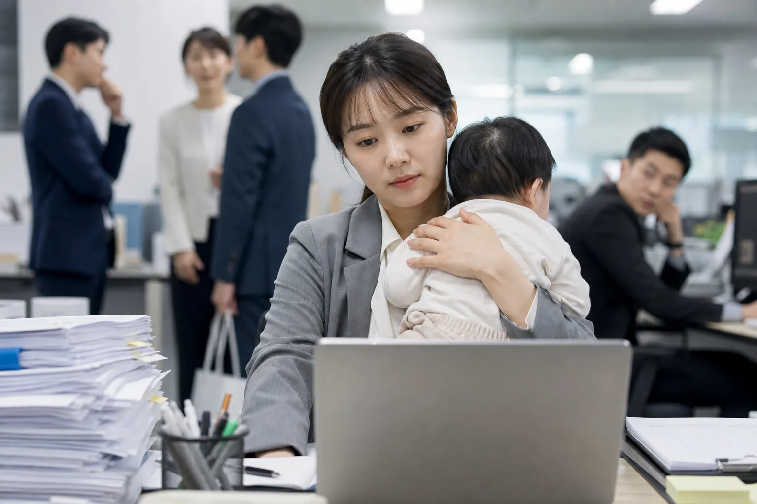 직장에서 육아휴직 신청을 고민하는 노동자