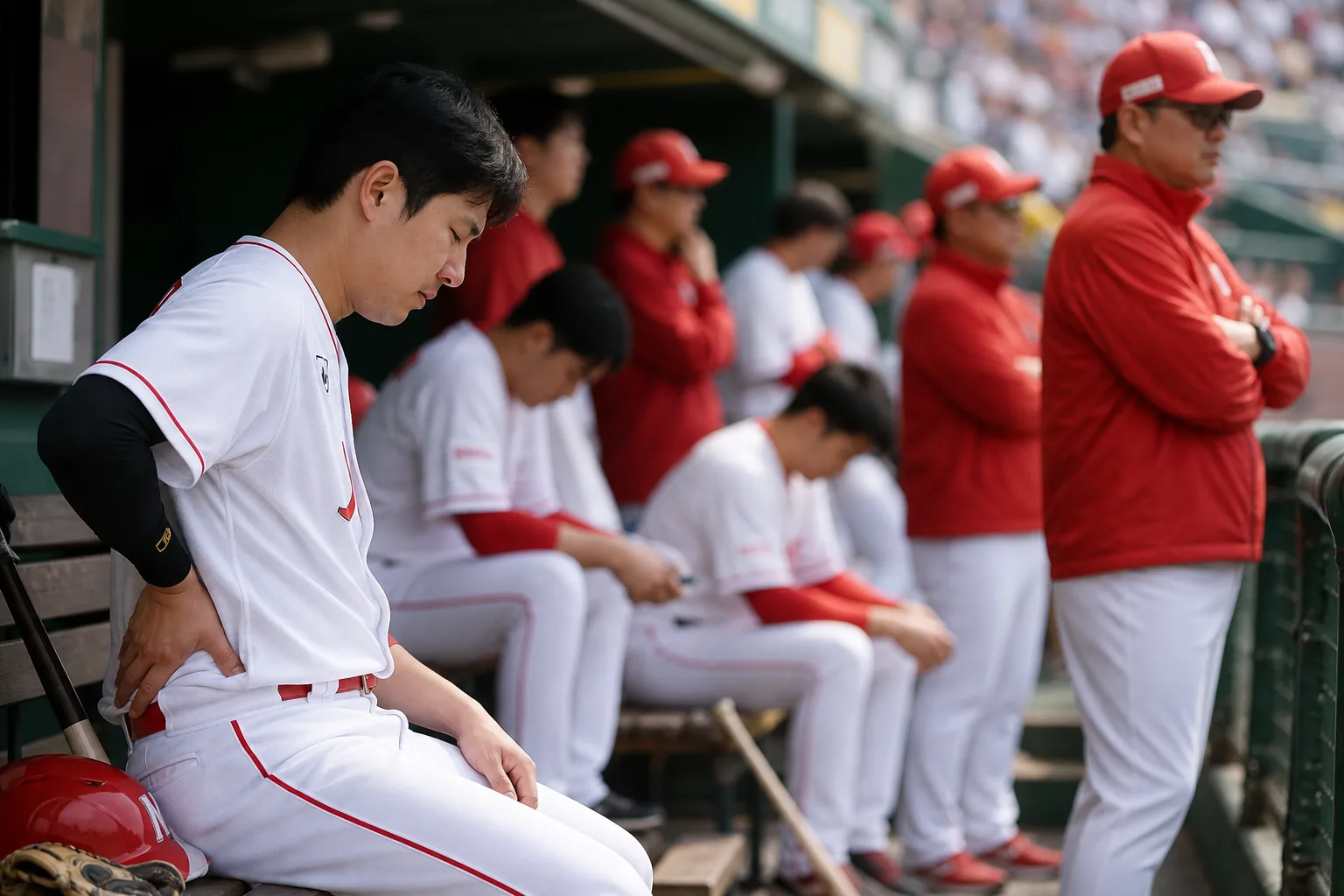 KBO 경기 전 부상 선수와 코칭스태프를 보여주는 이미지