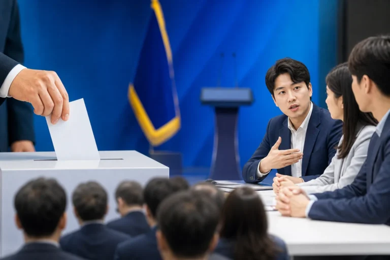 정당 전당대회와 청년 정치 참여를 상징하는 국회 회의장 이미지