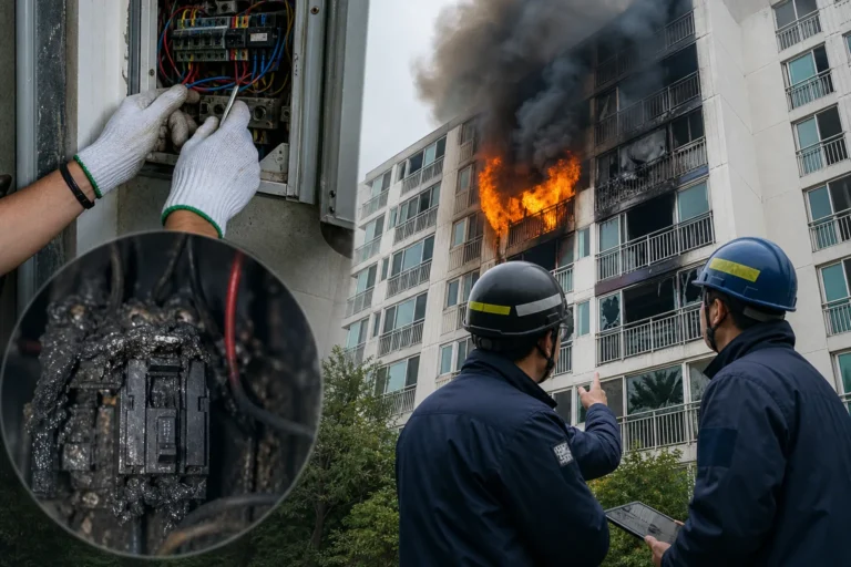 아파트 화재 조사와 전기 안전 문제를 상징하는 사회 뉴스 이미지
