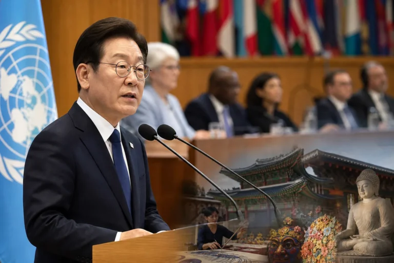 국제 문화외교 행사에서 연설하는 정상과 유네스코 회의장을 상징하는 이미지