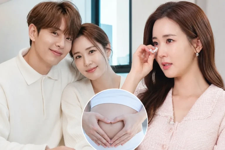 예능 스튜디오에서 임신 소식을 전하는 방송 장면