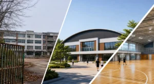 폐교 부지가 생활체육시설과 도서관으로 바뀌는 모습을 상징하는 이미지