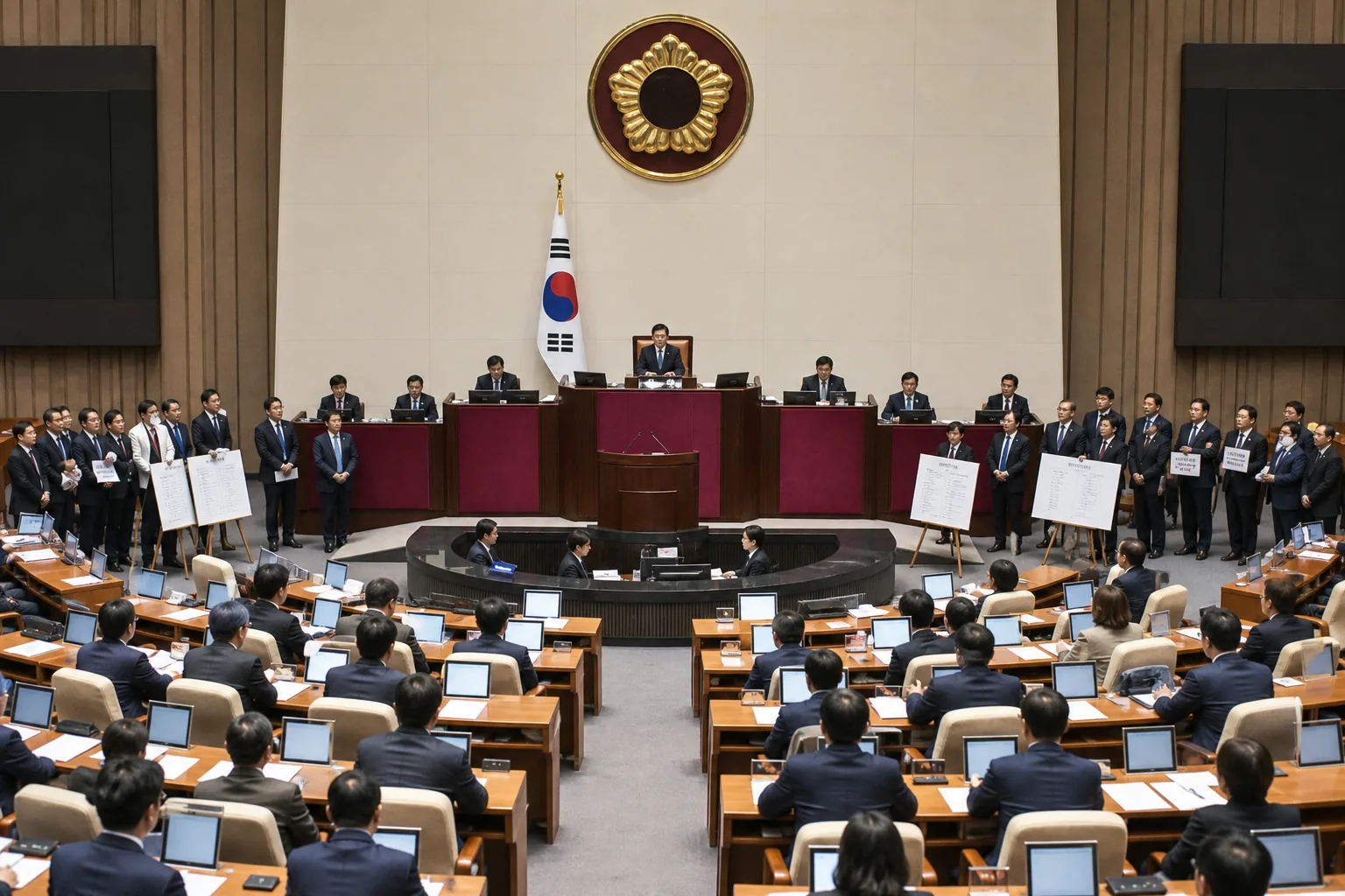 여야 의원들이 의사진행을 두고 대치하는 국회 이미지