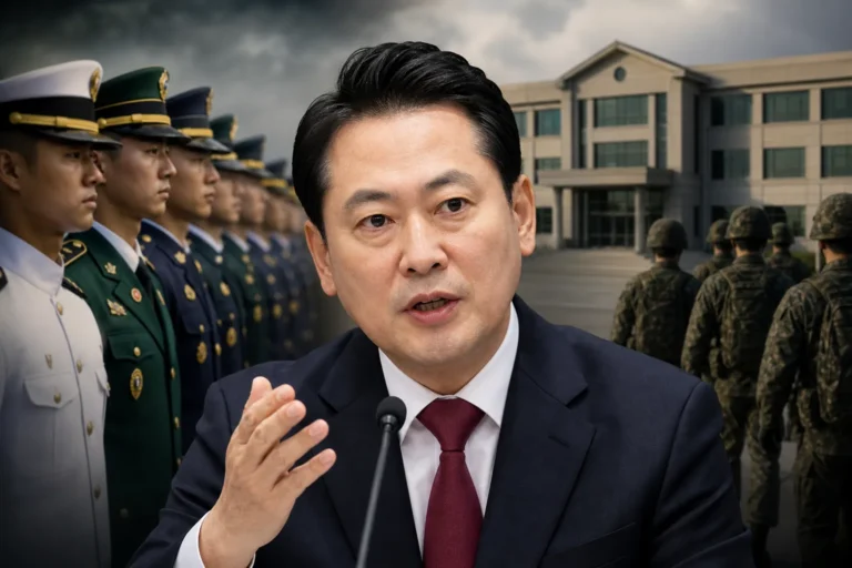국회 회의장에서 사관학교 통합 논쟁을 다루는 정치 뉴스를 상징하는 이미지