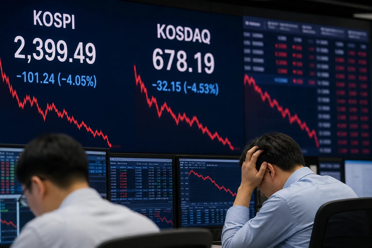 반도체주 약세로 흔들리는 국내 증시를 보여주는 AI 이미지