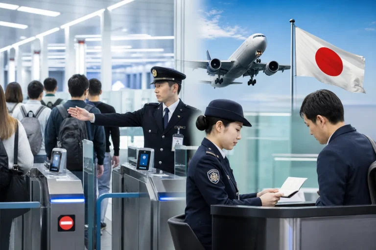 일본 출입국 관리 강화와 외국인 체류 정책을 표현한 이미지
