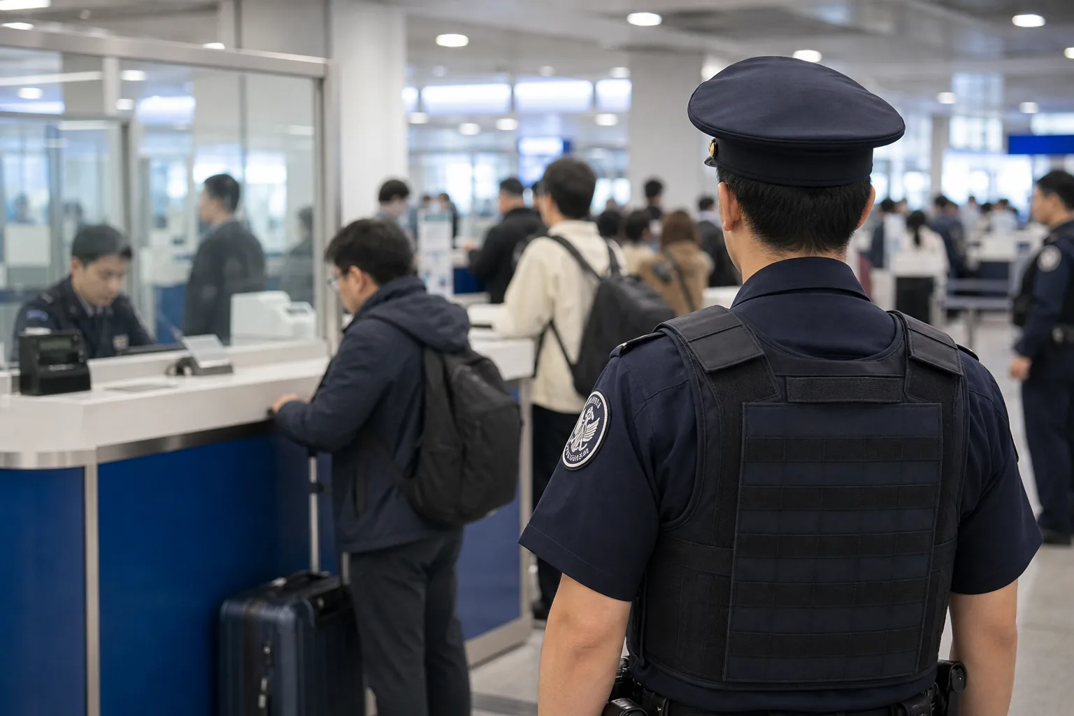 일본 공항 출입국 심사와 외국인 체류 관리를 표현한 AI 이미지
