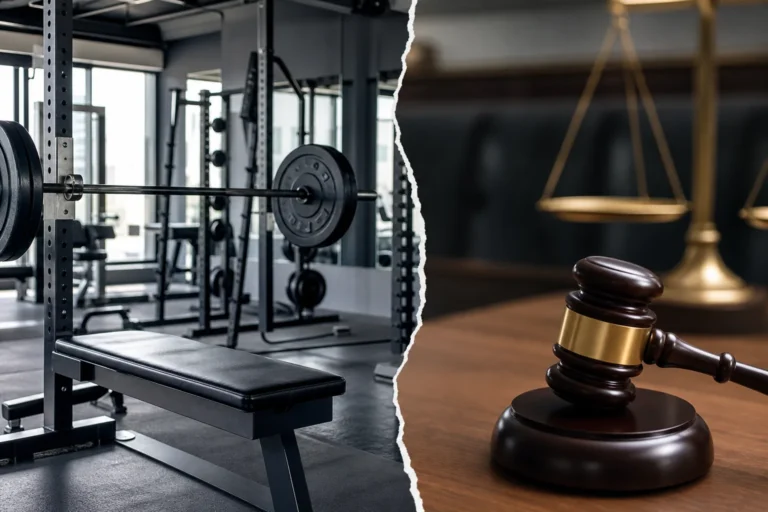 헬스장 벤치프레스 안전관리와 법원 판단을 표현한 이미지