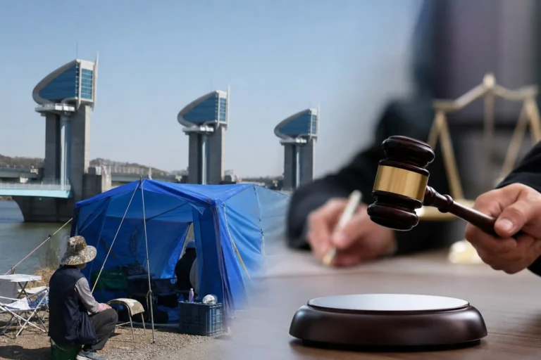 세종보와 금강 변 천막농성 현장을 표현한 사회 뉴스 이미지
