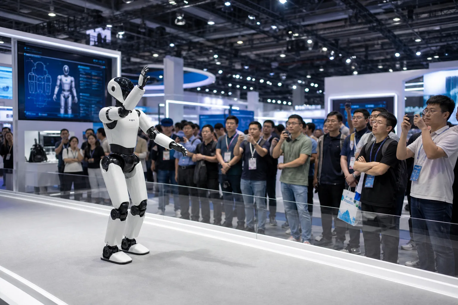 중국 로봇 전시회에서 피지컬 AI 기술을 살펴보는 참관객