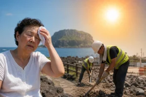 폭염 속 그늘에서 물을 마시며 건강을 챙기는 시민들