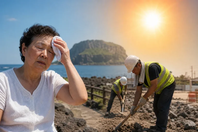 폭염 속 그늘에서 물을 마시며 건강을 챙기는 시민들