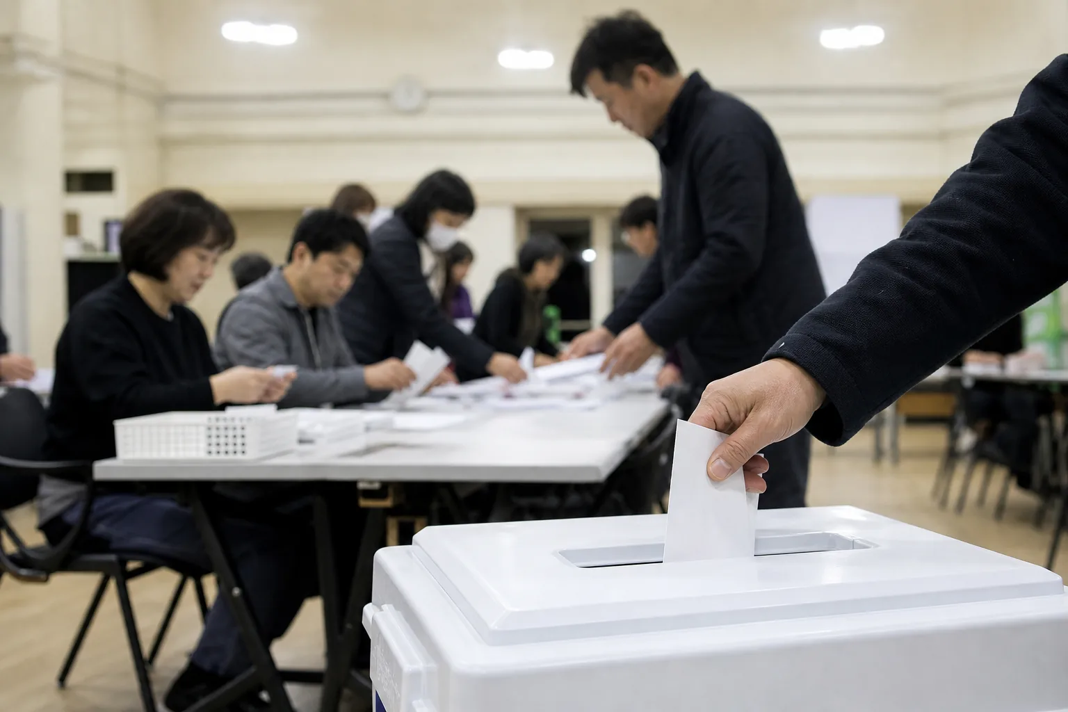 선거관리위원회 회의실에서 투표 절차 자료를 검토하는 관계자들
