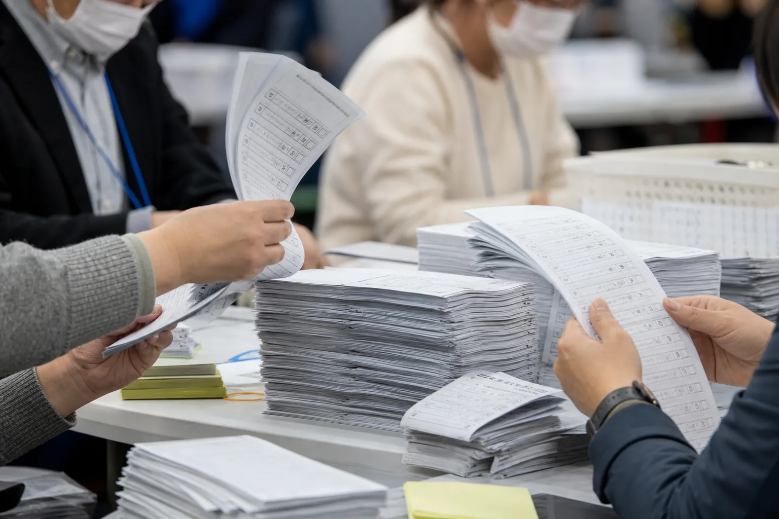 투표소에서 투표용지와 선거 절차를 점검하는 선거 사무원