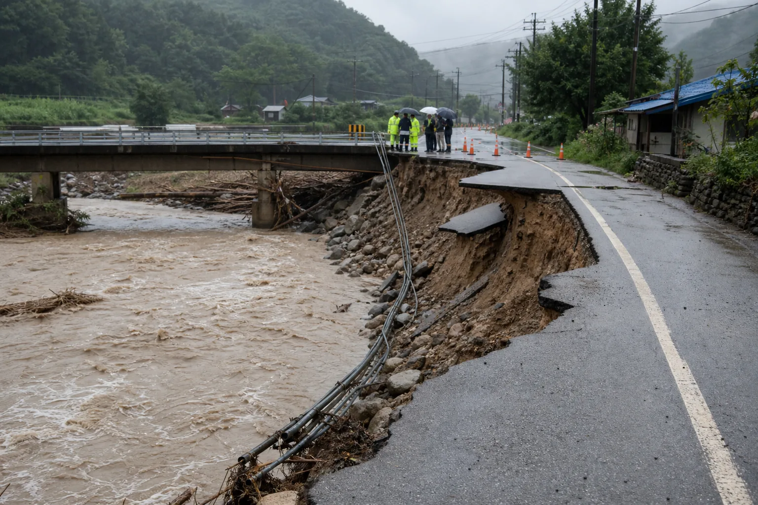 폭우 속 도시 도로와 배수 상황을 점검하는 장면