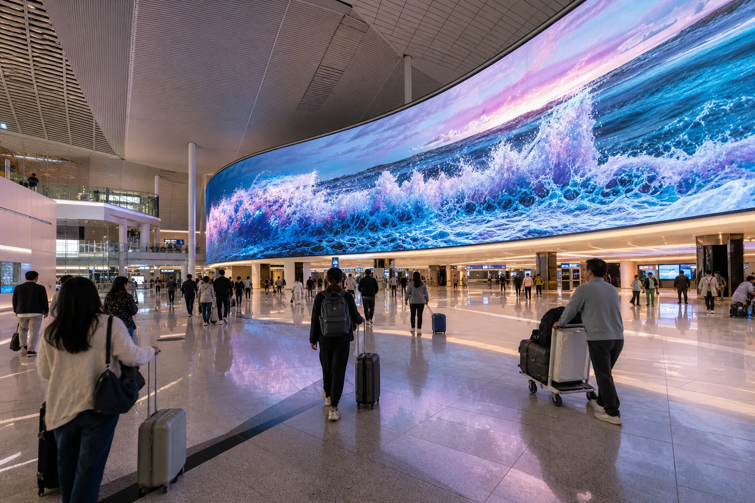 공항 출국장에서 대형 미디어아트를 바라보는 여행객들